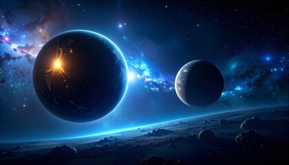 Wall Mural - blue earth sphere in space with sun, stars, and clouds at sunrise
