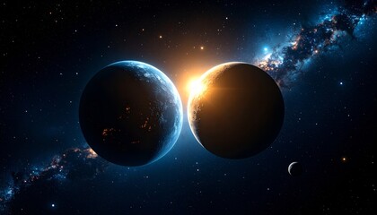 Wall Mural - blue earth sphere in space with sun, stars, and clouds at sunrise