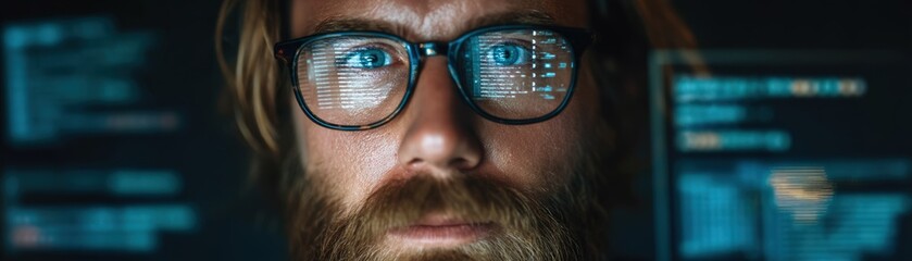 Focused programmer analyzing code on multiple screens, code reflecting in glasses, highlighting concentration and technology.