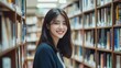 © Keo - A young woman standing in a library, smiling and looking at the camera.