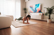 © Big Shot Theory - A Woman Practicing Plank Exercise in a Stylish and Modern Living Room Setting