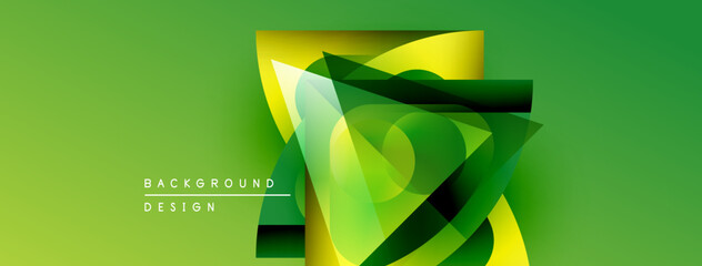Fototapete - Abstract green design. Overlapping shapes create dynamic visual effect. Modern background with gradient colors, text elements present.