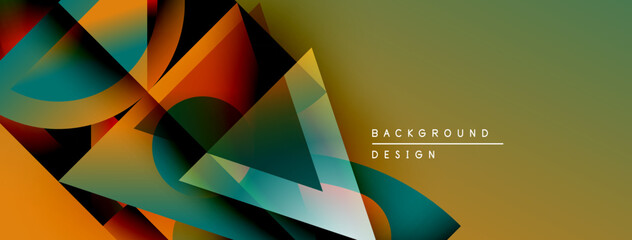 Fototapete - Abstract geometric shapes overlap, creating vibrant color gradients. Design features teal, orange, brown hues on olive backdrop. Modern aesthetic.