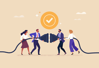Fototapete - Business Connection Concept. Vector cartoon flat illustration of a group of diverse people successfully connecting electrical plugs. Isolated on a background.