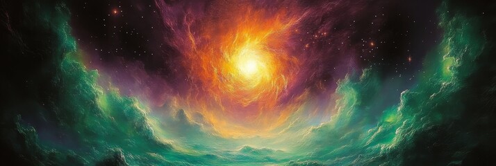 Wall Mural - fiery nebula in emerald green and silver tones, illuminating a vast celestial expanse
