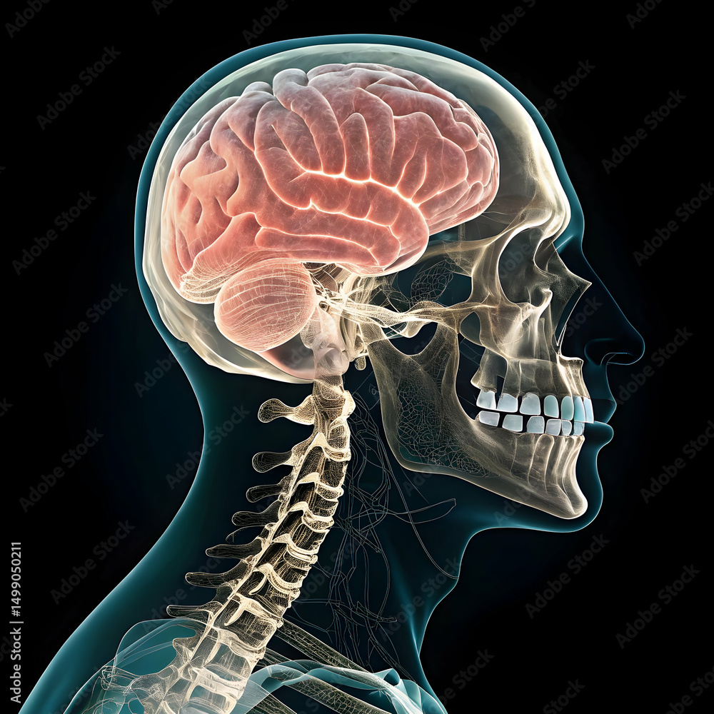 Human Brain Anatomy: 3D Model, Skull, Spine on transparent background ...