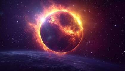 Wall Mural - burning planet in deep space, cosmic background with fiery atmosphere, astronomy illustration