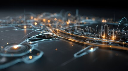 futuristic glowing city network map with luminous connections and data streams on dark background pe