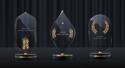 Wall Mural - Glass award trophy set.Transparent prize template with golden palm branch. Winner first place concept. Vector illustration.