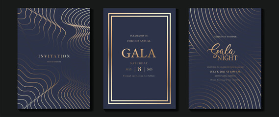 Aufkleber - Luxury wedding invitation card background vector. Golden elegant gold wavy lines on navy blue background. Premium design illustration for wedding, vip cover template, banner, poster.