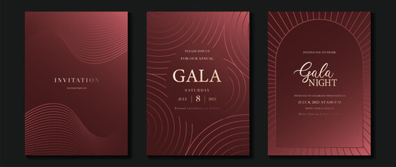 Aufkleber - Luxury wedding invitation card background vector. Golden elegant gold wavy lines on red background. Premium design illustration for wedding, vip cover template, banner, poster.