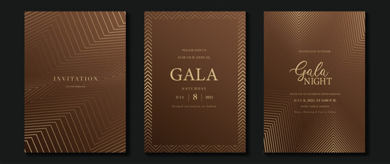 Aufkleber - Luxury wedding invitation card background vector. Golden elegant geometric shape, gold wavy lines on brown background. Premium design illustration for wedding and vip cover template, banner, poster.