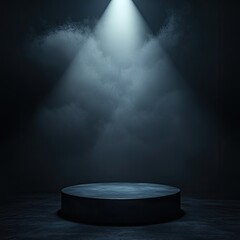 Wall Mural - a dark, moody scene features a circular platform illuminated by a single spotlight piercing through 