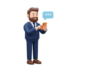 3D Illustration of Cartoon businessman using mobile phone with speech bubble isolated on white background