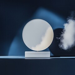 Wall Mural - a circular mirror on a white pedestal, set against a deep blue background with dramatic lighting and