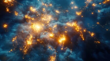 Wall Mural - City lights ablaze in dark clouds