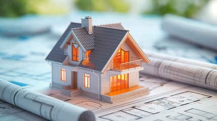 Wall Mural - 3d rendering project of new building model house on blueprint plan