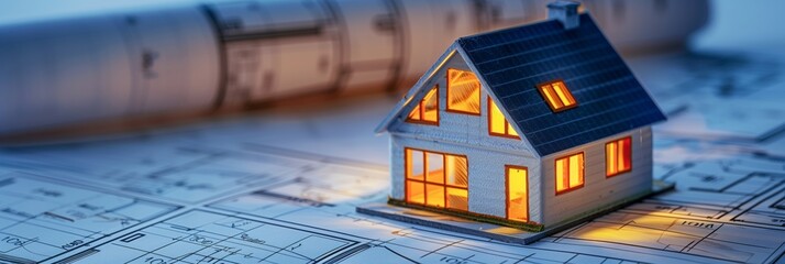 Wall Mural - 3d rendering project of new building model house on blueprint plan
