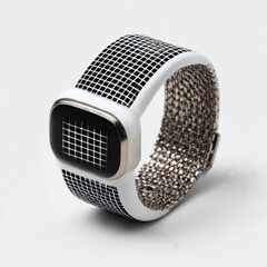 Fototapete - Futuristic Smartwatch with a Grid Display, White Band, and Textured Metal Details on a Clean White Background
