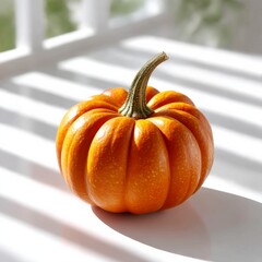 Poster - Golden Orange Pumpkin on White Surface with Light and Shadow Stripes, Autumn Harvest Still Life