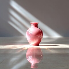 Aufkleber - Pink Porcelain Vase Radiating Light, A Serene Still Life with Striking Reflections and Modern Art Deco Sunbeams.
