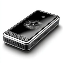 Poster - Sleek and Modern Wireless Charger Pad with Polished Chrome Trim and Artistic Light Pattern on a White Surface