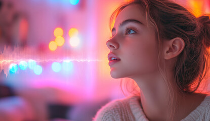 Poster - In a colorful room filled with glowing lights, a woman interacts with voice control technology, demonstrating commands and sound effects. A serene atmosphere enhances her focus on the task.