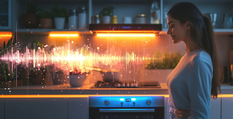 Fototapete - A woman engages with voice control technology while standing in a modern kitchen.