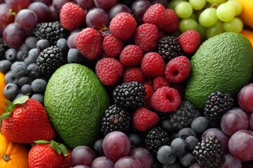 Wall Mural - Fresh assortment of colorful fruits including berries, grapes, avocados, and strawberries arranged on a rustic table