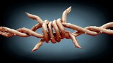 Close-up of a twisted barbed wire with sharp points and a dark background