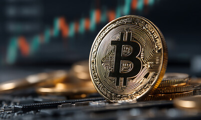 Poster - Close-up of a Bitcoin coin on a futuristic technology background.