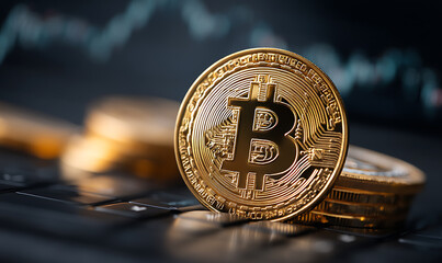 Poster - Close-up of a Bitcoin coin set against a futuristic technology background.