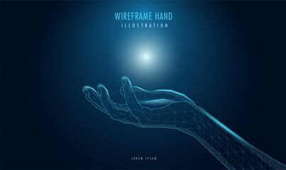 Futuristic wireframe hand, with a mesh glowing light. AI, technology, or connection concept.