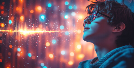 Leinwandbilder - Under a backdrop of vibrant lights, a young man with glasses contemplates the interaction of sound and visuals. His expression reveals a deep connection to the technology around him.