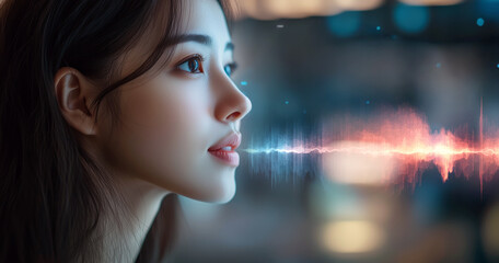 Fototapete - An individual engages with a virtual assistant through voice control. The visual emphasizes sound waves emanating from the person, representing the interaction's dynamic nature in a modern setting.
