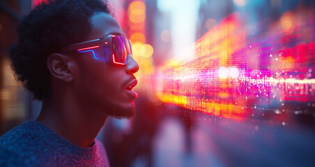 Poster - A young person wearing futuristic sunglasses experiences a vibrant urban setting.