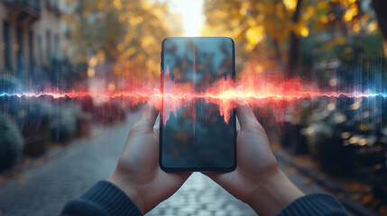 Poster - A person holds a mobile device displaying sound waves in an autumn environment, showcasing advanced voice control features. The colorful leaves and calm street enhance the technology experience.