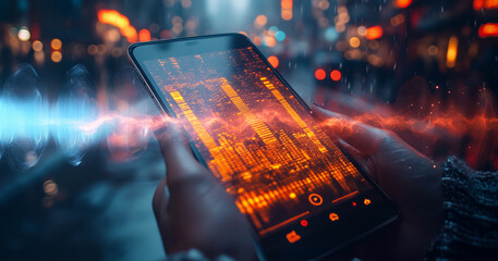 Poster - A person is holding a smartphone in a bustling urban area at night. The screen shows vibrant sound wave graphics, showcasing music or sound analysis. City lights create a lively atmosphere.