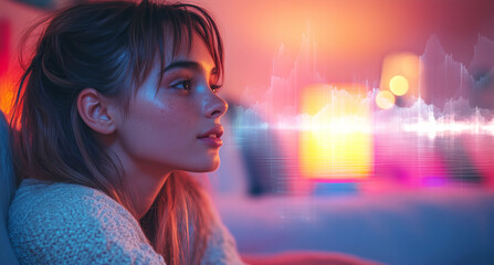 Poster - A woman interacts with voice control technology in a softly lit space, surrounded by colorful lights.