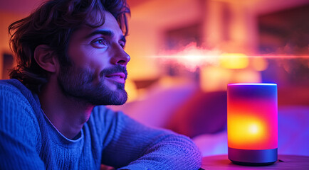 Poster - A man engages with a smart speaker while relaxing indoors in a warm atmosphere.