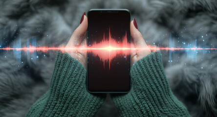 Aufkleber - A person is holding a smartphone showing sound waves. The hands are wrapped in a cozy green sweater.
