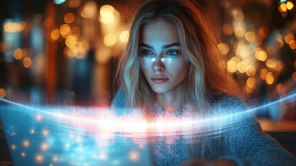 Leinwandbilder - In a modern workspace, a woman interacts with a laptop, utilizing voice control and sound graphics. Soft lights illuminate her face, enhancing a creative atmosphere during evening hours.