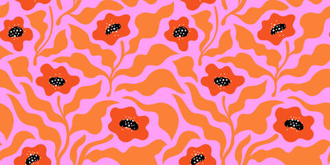Aufkleber - Vector seamless pattern in simple floral wavy and groovy naive style, flowers and plants, floral botanic hand drawn design templates, modern art prints, surface design