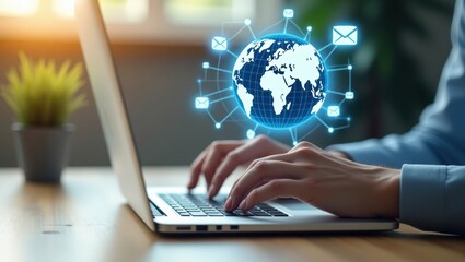 A person types on a laptop with a global email network graphic.