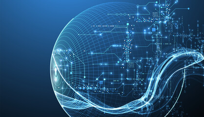 Poster - Abstract data wave with sphere and futuristic circuit lines. Technology concept. Vector