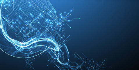 Poster - Abstract data wave with sphere and futuristic circuit lines. Technology concept. Vector