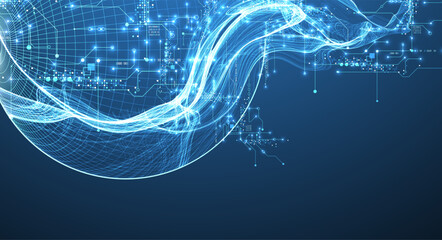 Poster - Abstract data wave with sphere and futuristic circuit lines. Technology concept. Vector