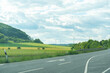 © Elena - Scenic Road with Wind Turbines and Lush Green Fields