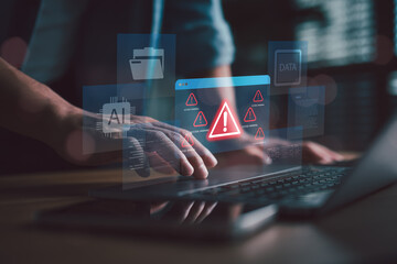 system warning alert with ai and data error concept. man working on laptop with futuristic interface