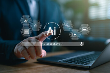 Poster - AI assistant technology concept for daily life and smart interaction. Businessman using laptop with futuristic interface for voice control, automation, and artificial intelligence support system.